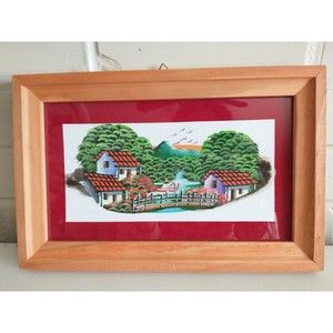 Hand Painted Feather Framed Wall Art Vintage Village Scene 11.5" x 7.5"